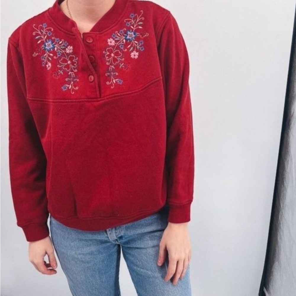 Shenanigans Petite Red Floral Embroidered Henley Sweatshirt Womens PXL Vintage
